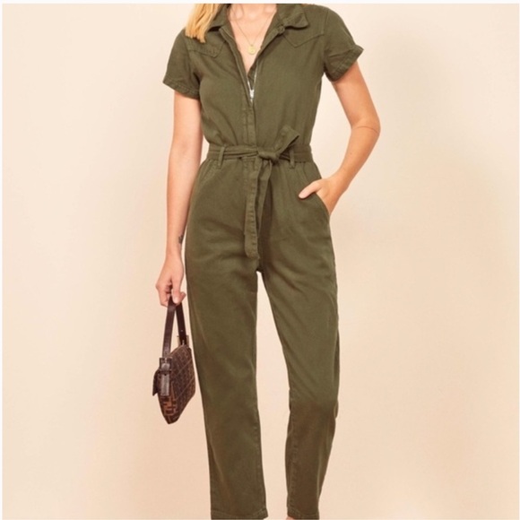 REFORMATION Kenny Army Green Boiler Jumpsuit Size: 4 - Picture 4 of 11